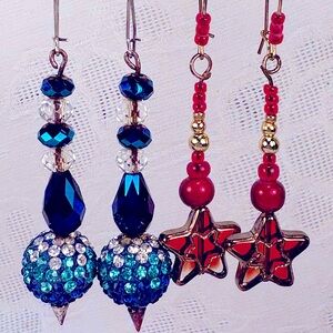 Earrings Pierced Handcrafted Unique Design Blue/Silver/Crystal Beads & Red Stars